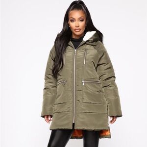 Olive Green Hooded Puffer Coat with Orange Lining